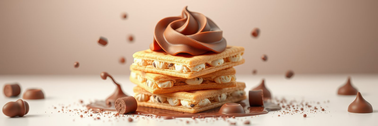 Homemade dessert features layered wafers with cream and chocolate swirls, an indulgent treat for sweet lovers